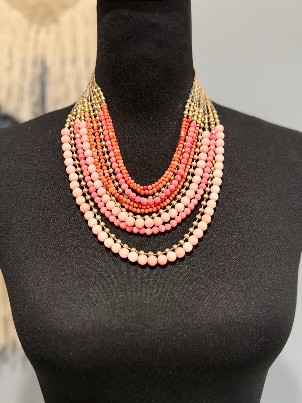 Coral Pink Multi Strand Statement Necklace Bib Beaded Gold Tone